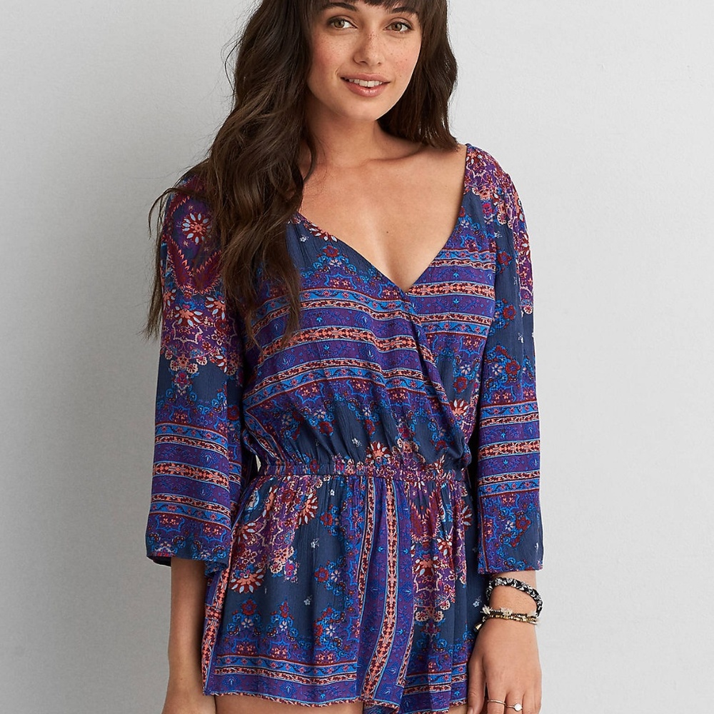 Purple patterned long sleeve romper